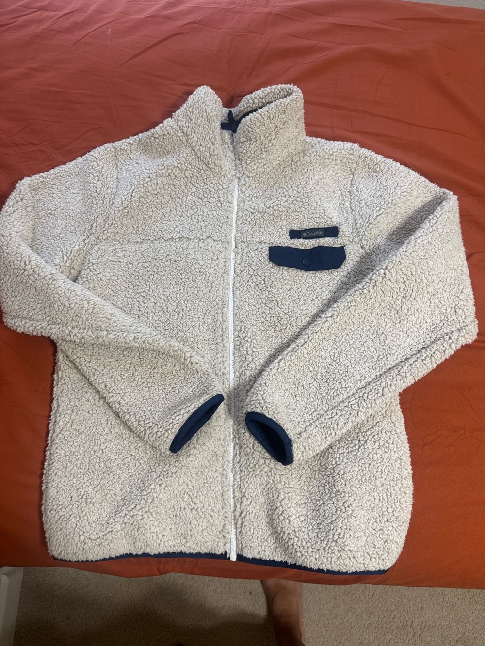 Columbia women’s Cream Sherpa Jacket with Navy Trim